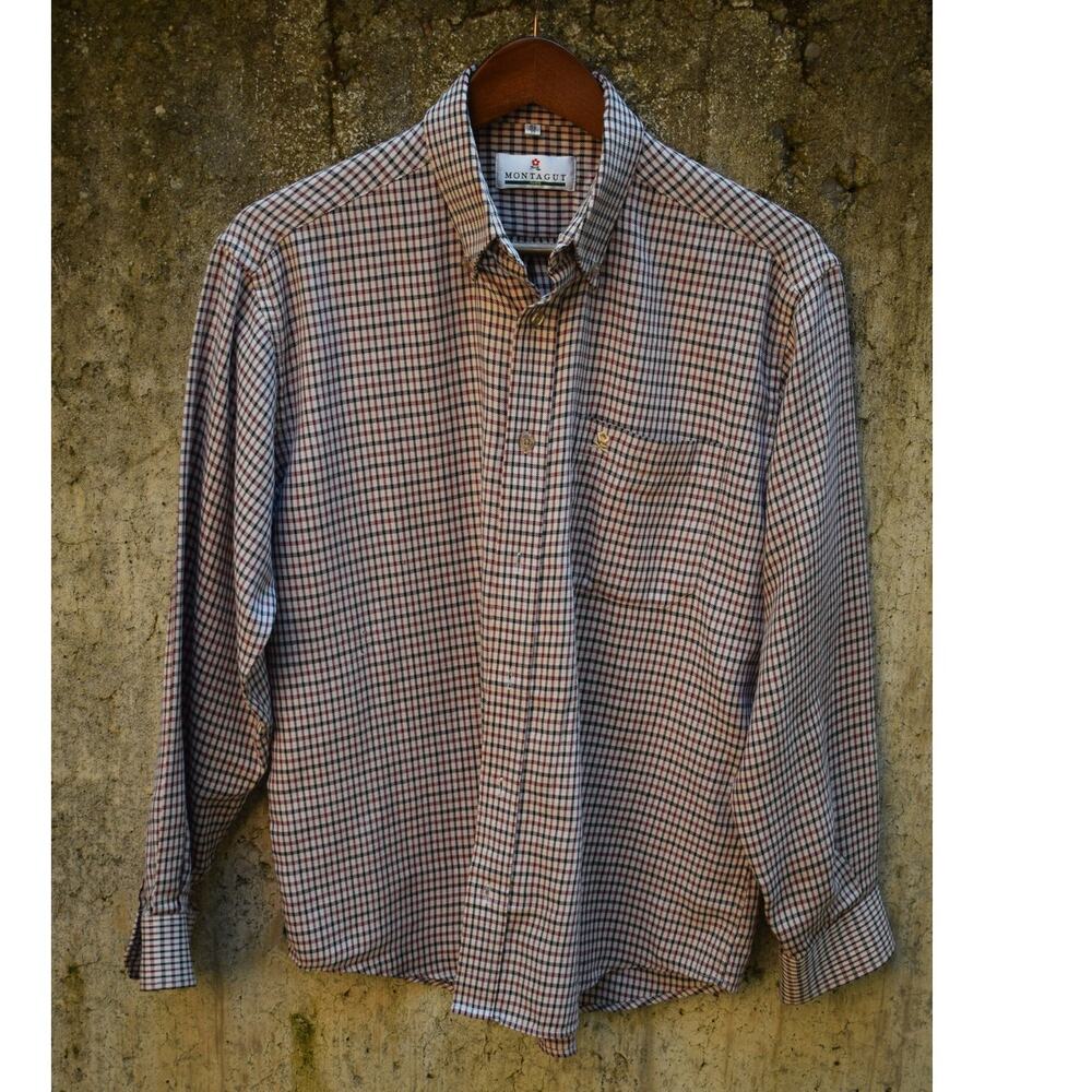 Vintage Montagut Paris Burgundy & Black Plaid Button-Down Shirt – Size 15.5 / 39